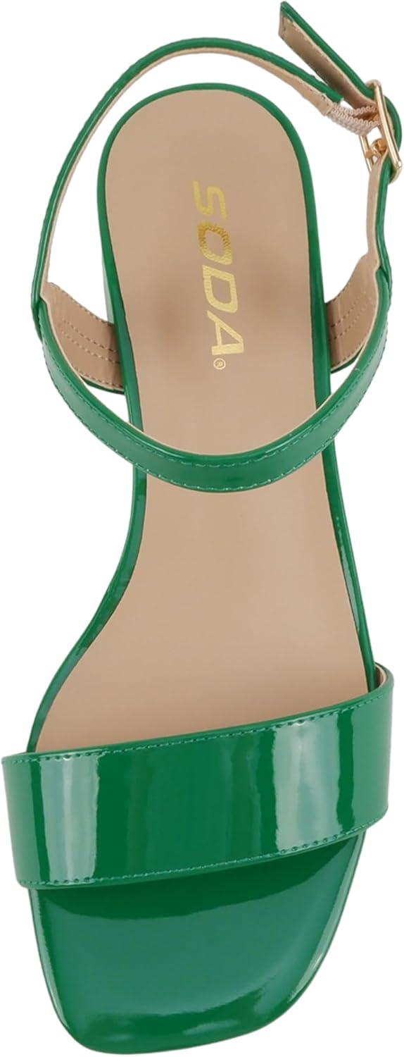 imageSoda Episode  Women Square Toe Ankle Strap Low Heeled SandalsGreen Patent