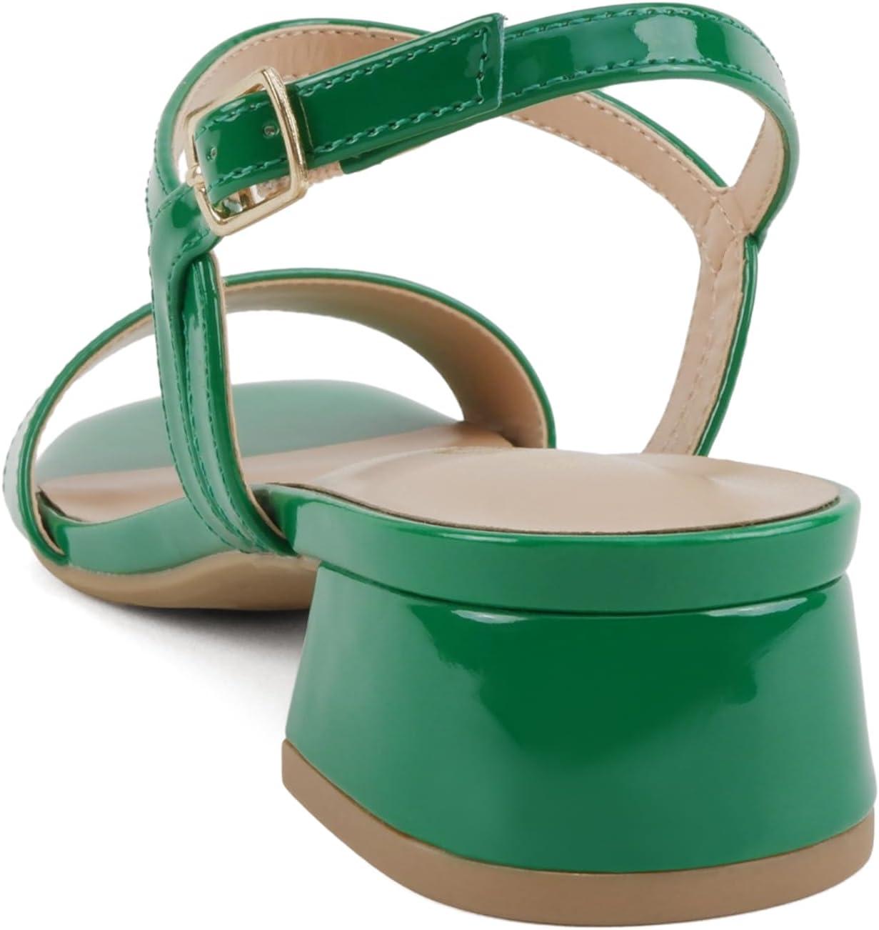 imageSoda Episode  Women Square Toe Ankle Strap Low Heeled SandalsGreen Patent