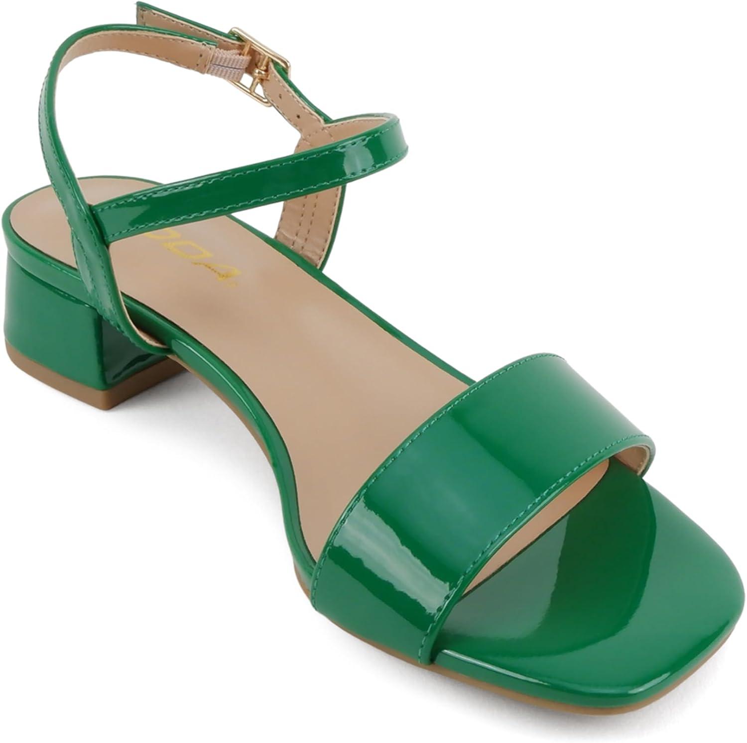 imageSoda Episode  Women Square Toe Ankle Strap Low Heeled SandalsGreen Patent