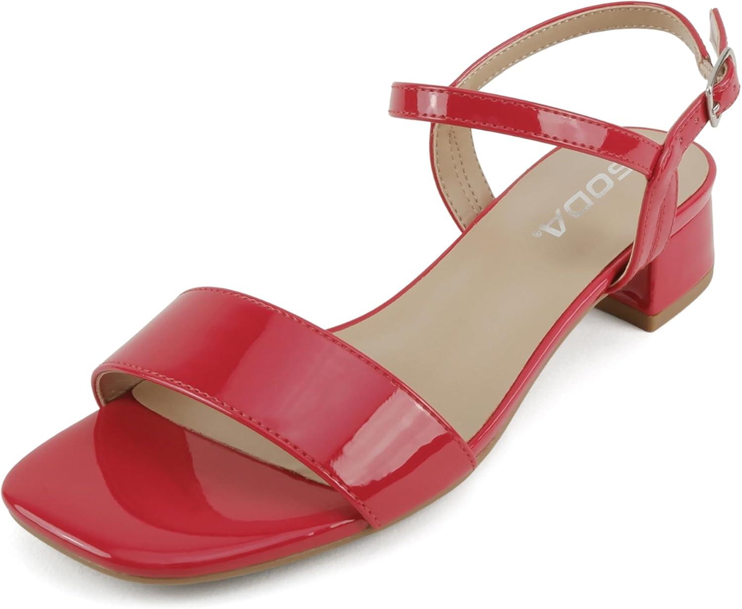 imageSoda Episode  Women Square Toe Ankle Strap Low Heeled SandalsLipstick Patent