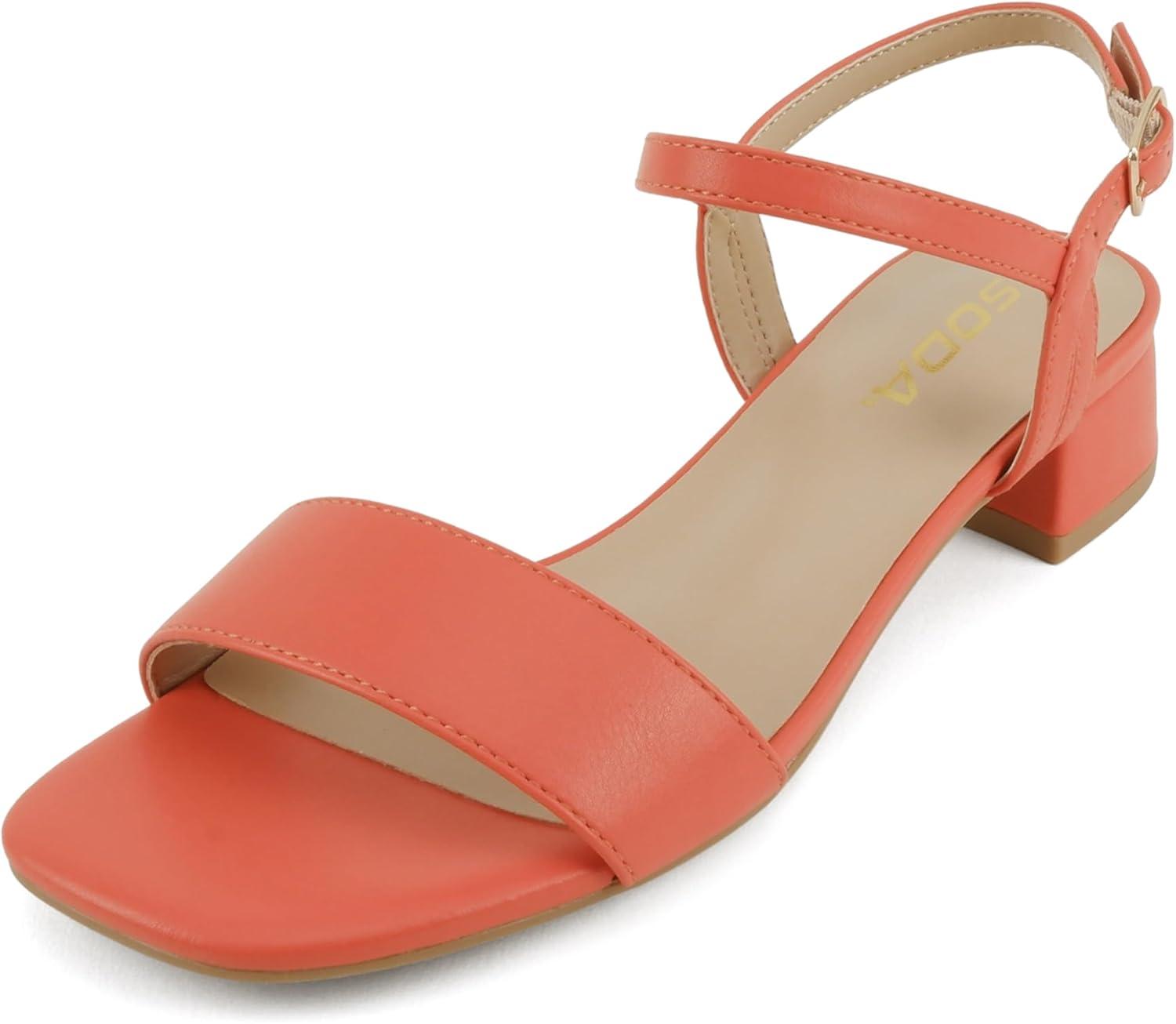 imageSoda Episode  Women Square Toe Ankle Strap Low Heeled SandalsOrange Pu