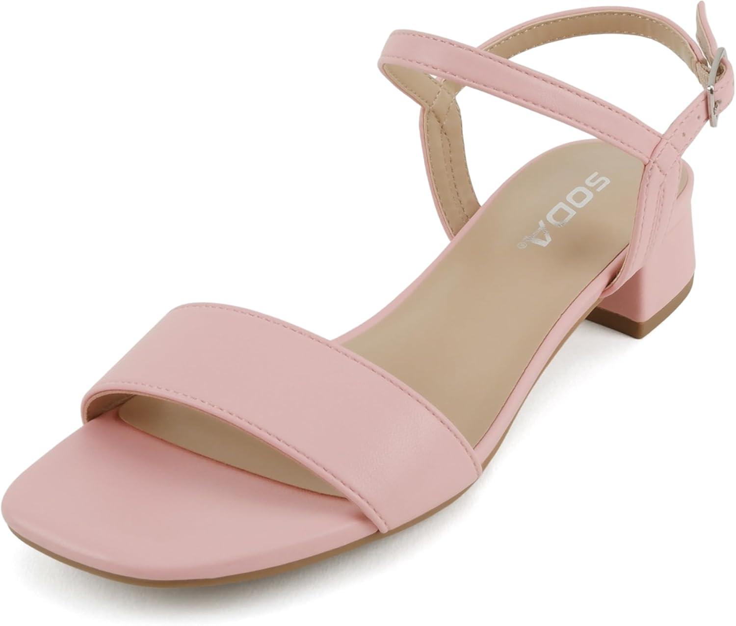imageSoda Episode  Women Square Toe Ankle Strap Low Heeled SandalsPink Pu