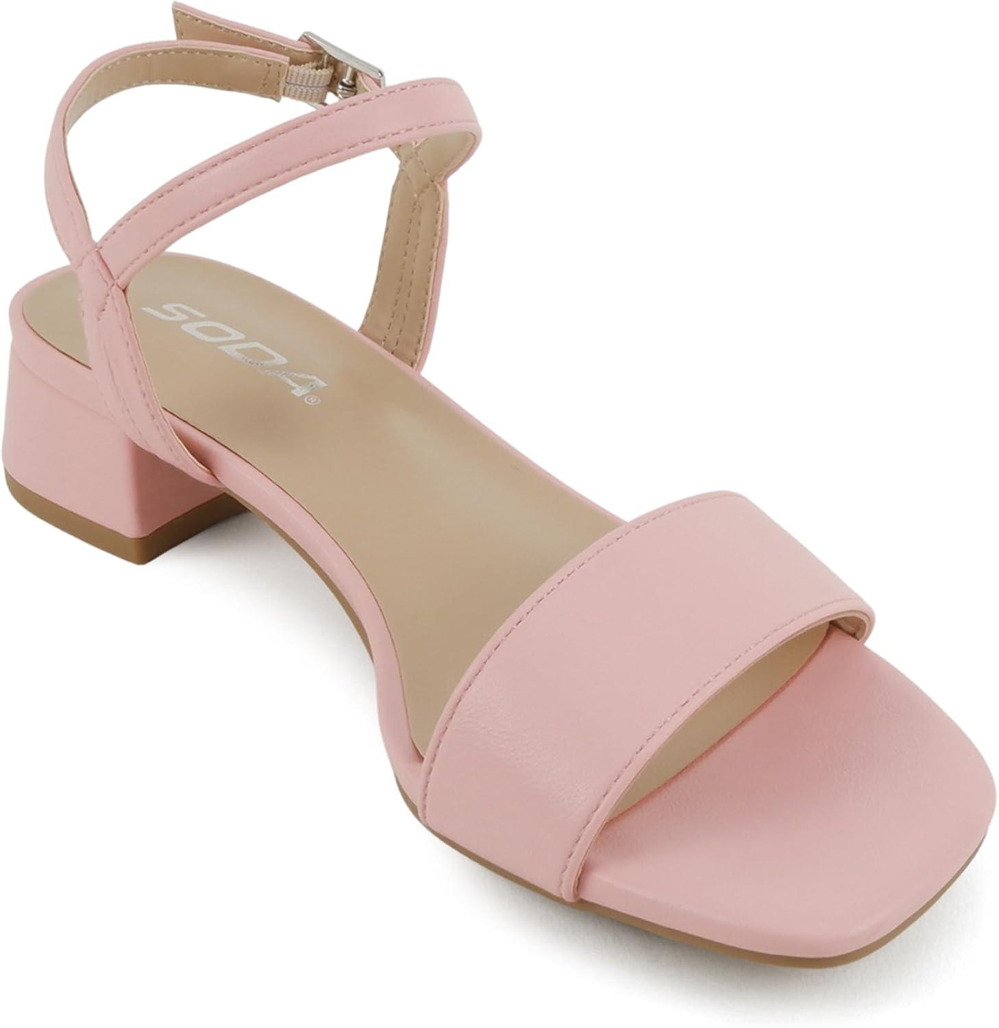 imageSoda Episode  Women Square Toe Ankle Strap Low Heeled SandalsPink Pu