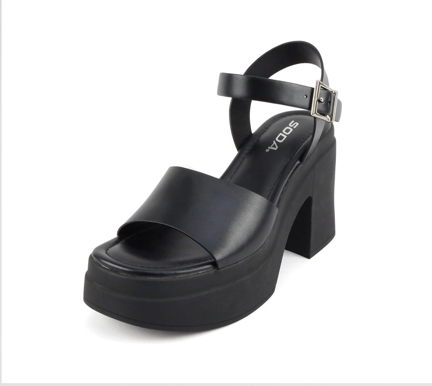 imageSoda Gelato  Women Square Toe Platform High Heel Notch Wedge SandalBlack Pu