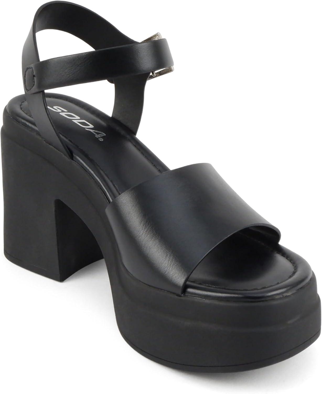 imageSoda Gelato  Women Square Toe Platform High Heel Notch Wedge SandalBlack Pu