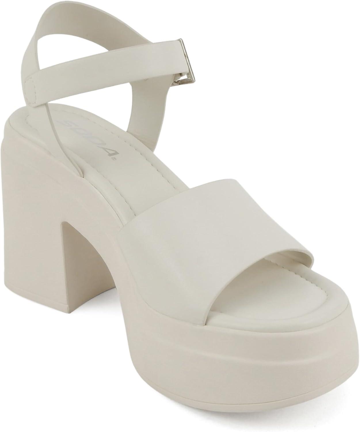 imageSoda Gelato  Women Square Toe Platform High Heel Notch Wedge SandalBone Pu