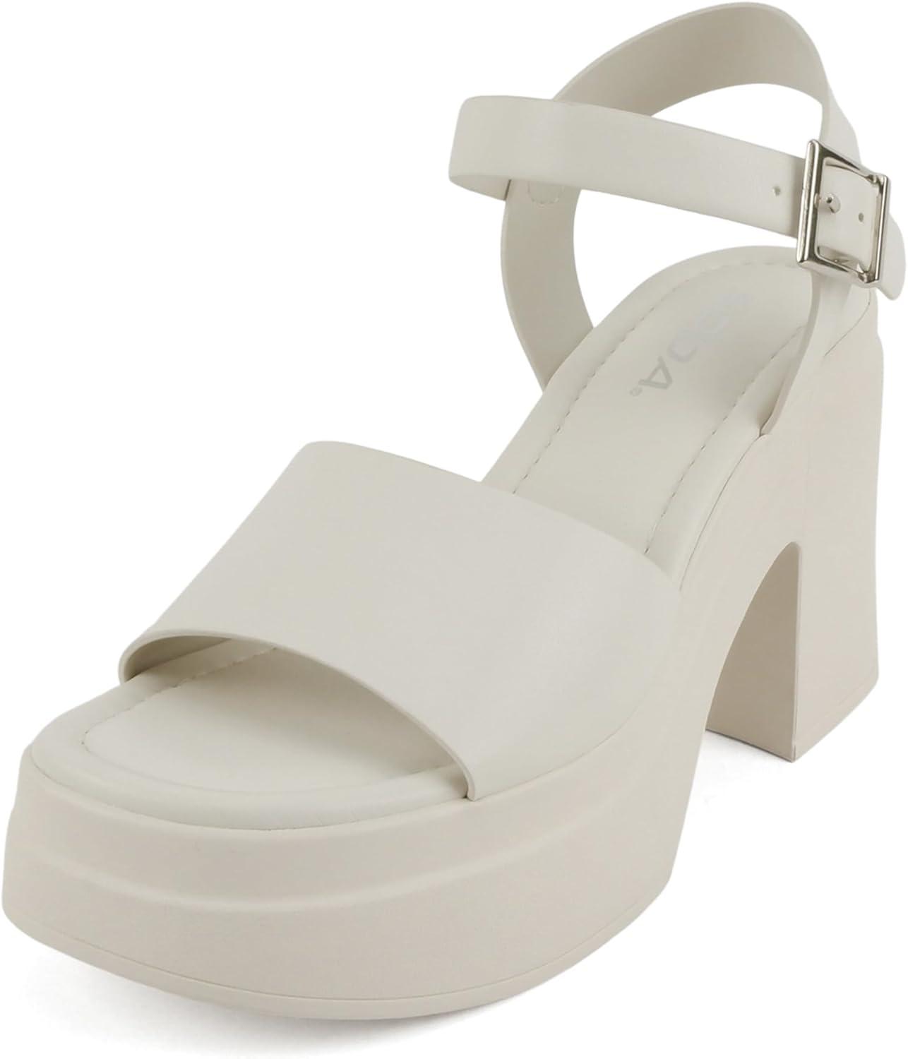 imageSoda Gelato  Women Square Toe Platform High Heel Notch Wedge SandalBone Pu