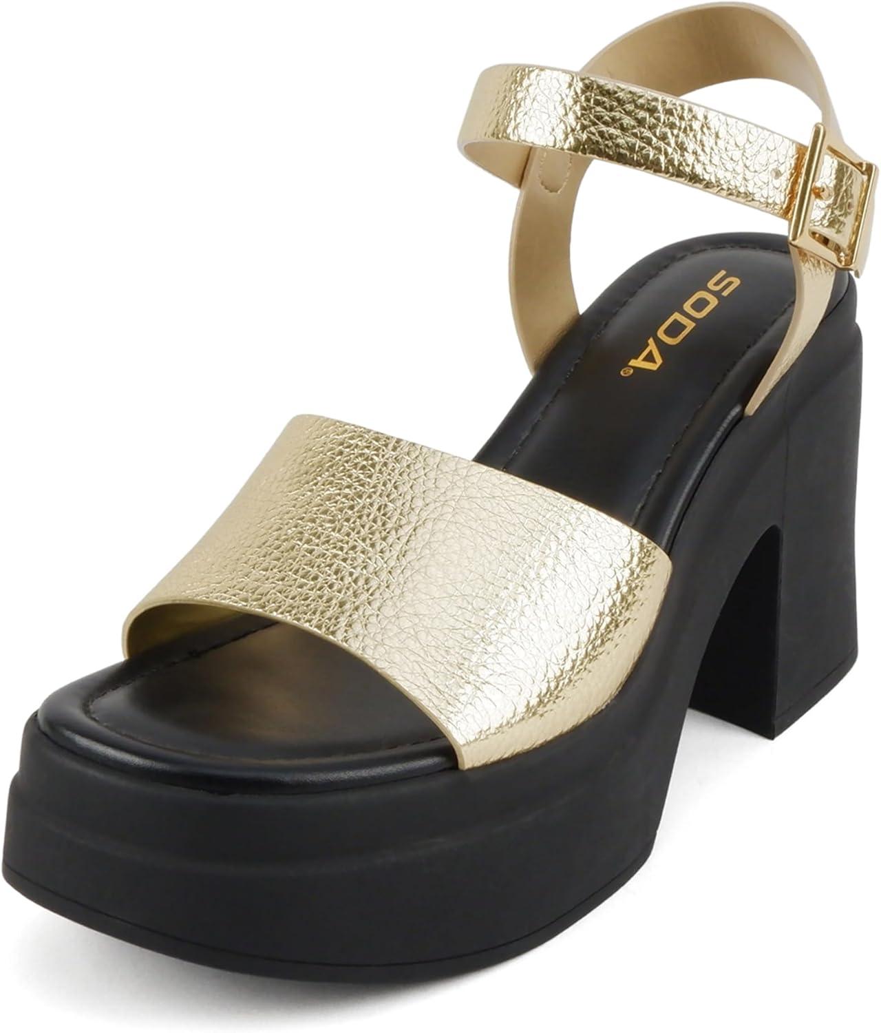 imageSoda Gelato  Women Square Toe Platform High Heel Notch Wedge SandalGold Pu