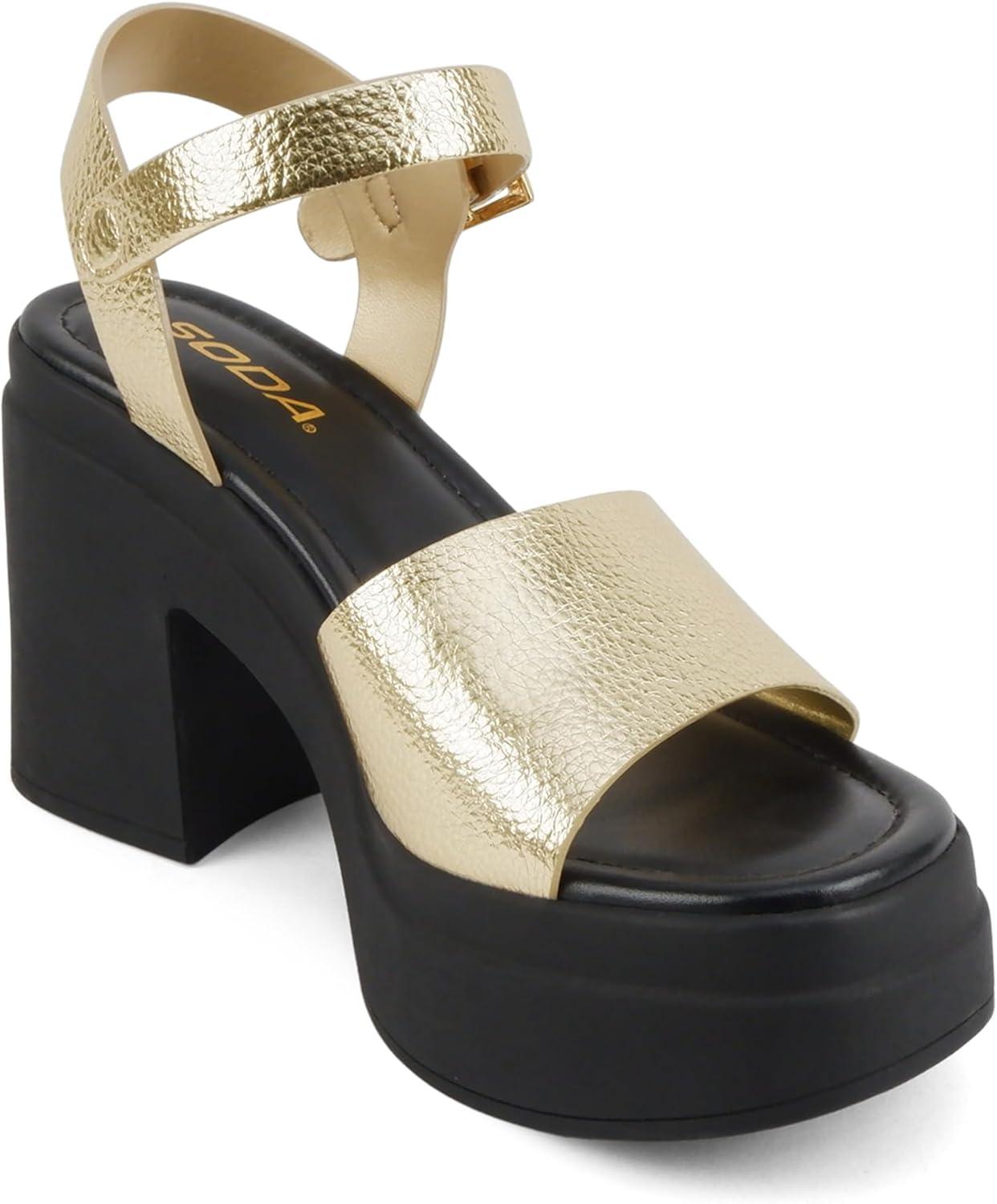 imageSoda Gelato  Women Square Toe Platform High Heel Notch Wedge SandalGold Pu