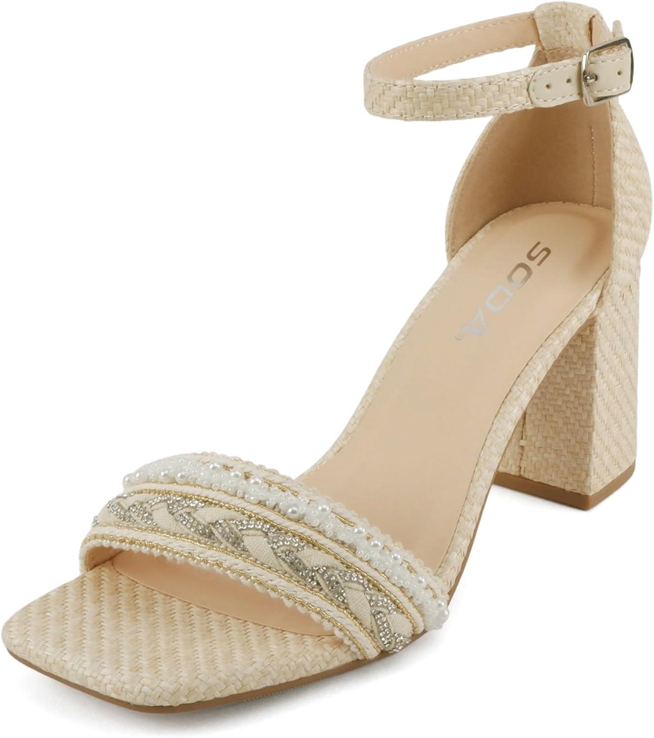 imageSoda Hayden  Women Square Toe High Heel Dress Sandals with Striped Single BandBeige Raffia