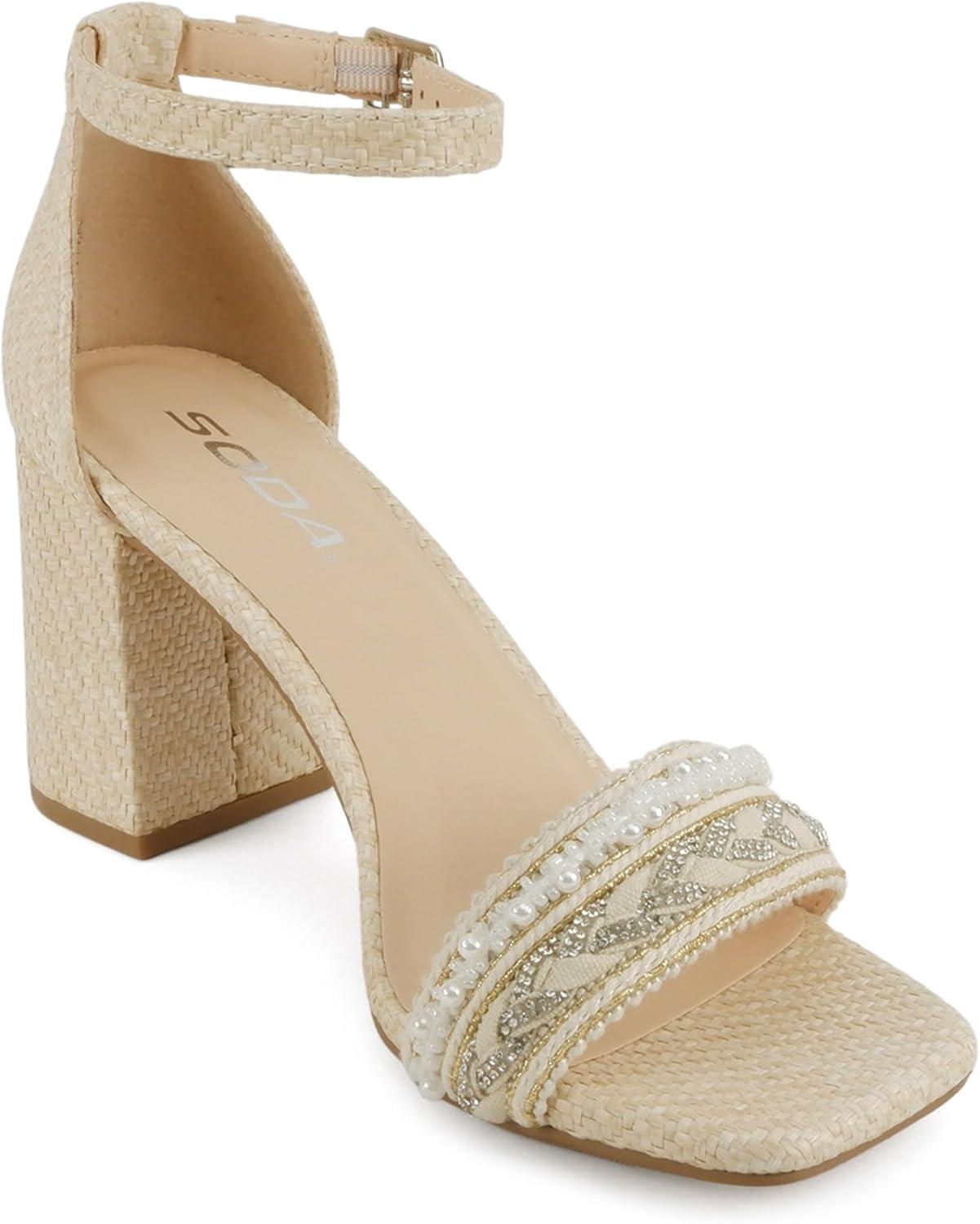 imageSoda Hayden  Women Square Toe High Heel Dress Sandals with Striped Single BandBeige Raffia
