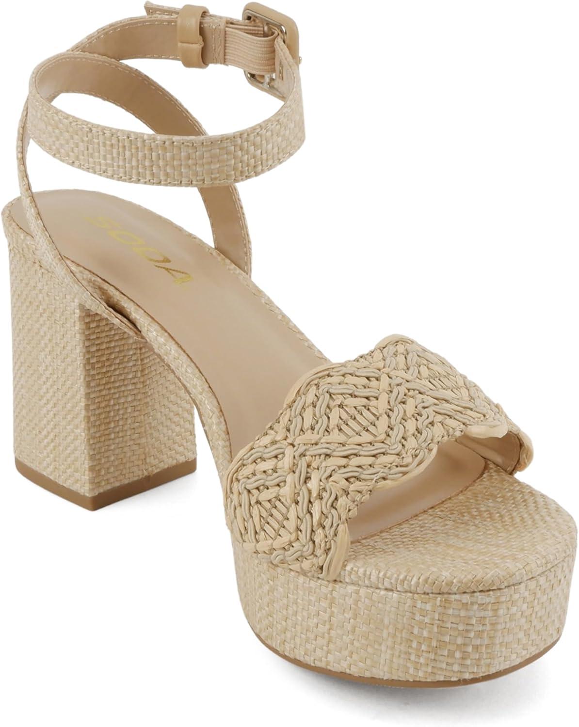 imageSoda Snooze  Women Round Toe Platform High Heeled Raffia SandalsNatural Raffia