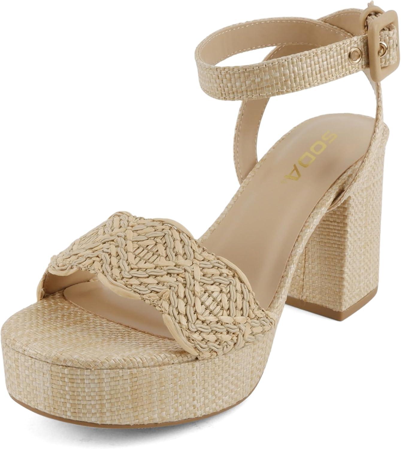 imageSoda Snooze  Women Round Toe Platform High Heeled Raffia SandalsNatural Raffia