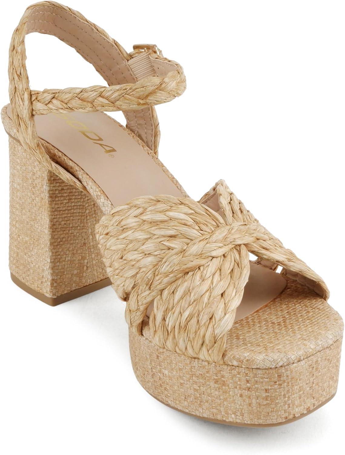 imageSoda Teacup  Women Square Toe XBand High Heel Platform SandalNatural Raffia