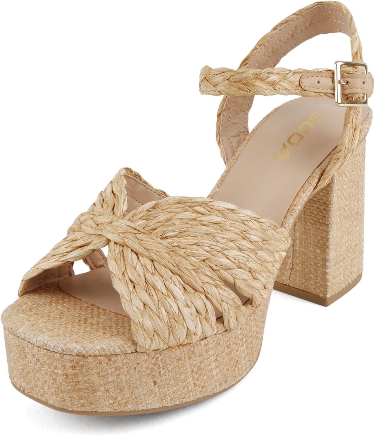 imageSoda Teacup  Women Square Toe XBand High Heel Platform SandalNatural Raffia