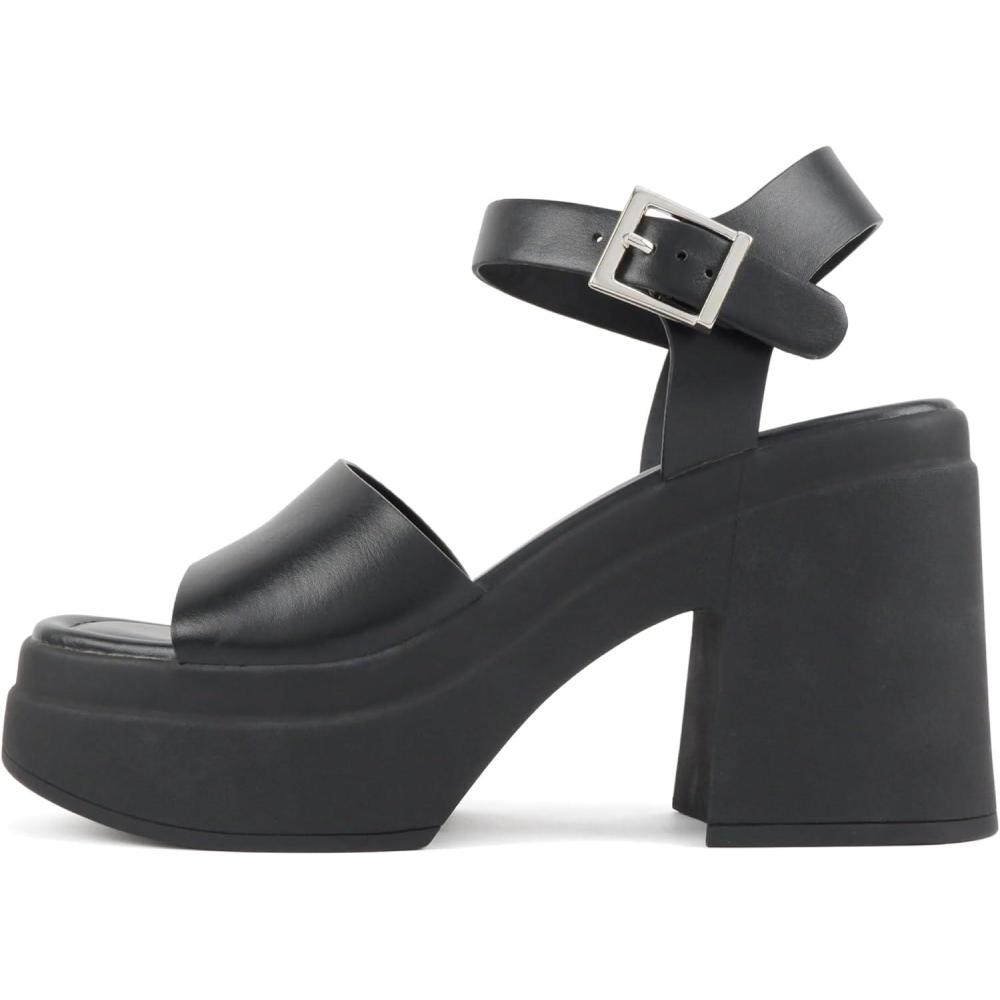 imageSoda Gelato  Women Square Toe Platform High Heel Notch Wedge SandalBlack Pu