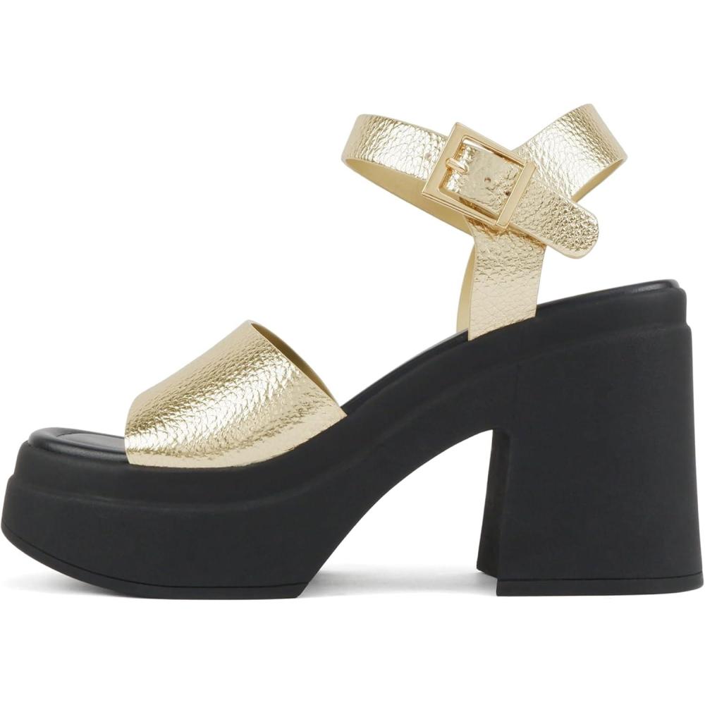 imageSoda Gelato  Women Square Toe Platform High Heel Notch Wedge SandalGold Pu