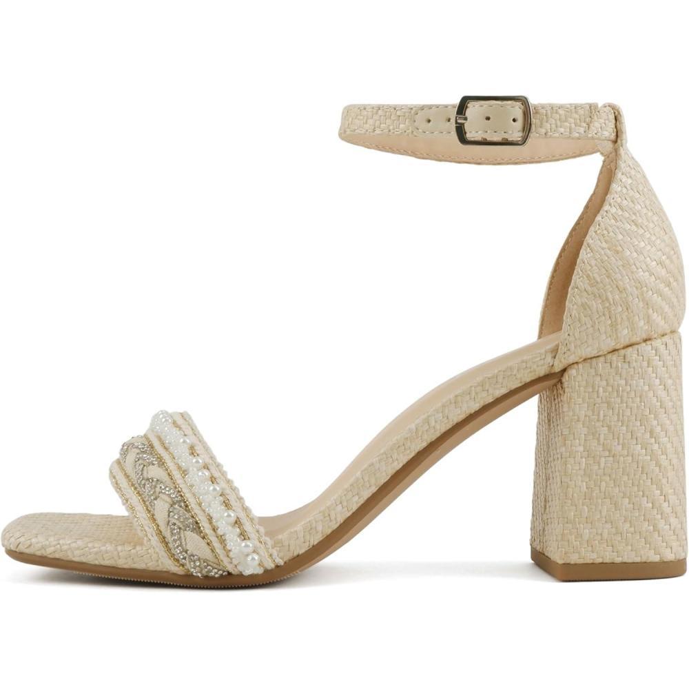 imageSoda Hayden  Women Square Toe High Heel Dress Sandals with Striped Single BandBeige Raffia