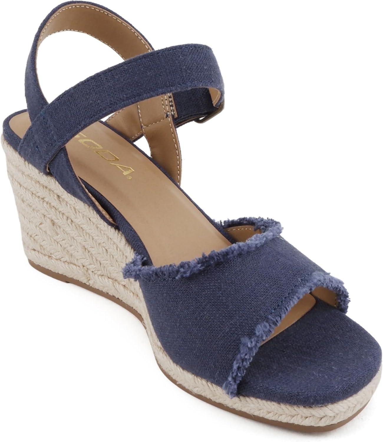 imageSoda Arnold  Women Square Toe Frayed Linen Espadrille Wedge SandalNavy Linen