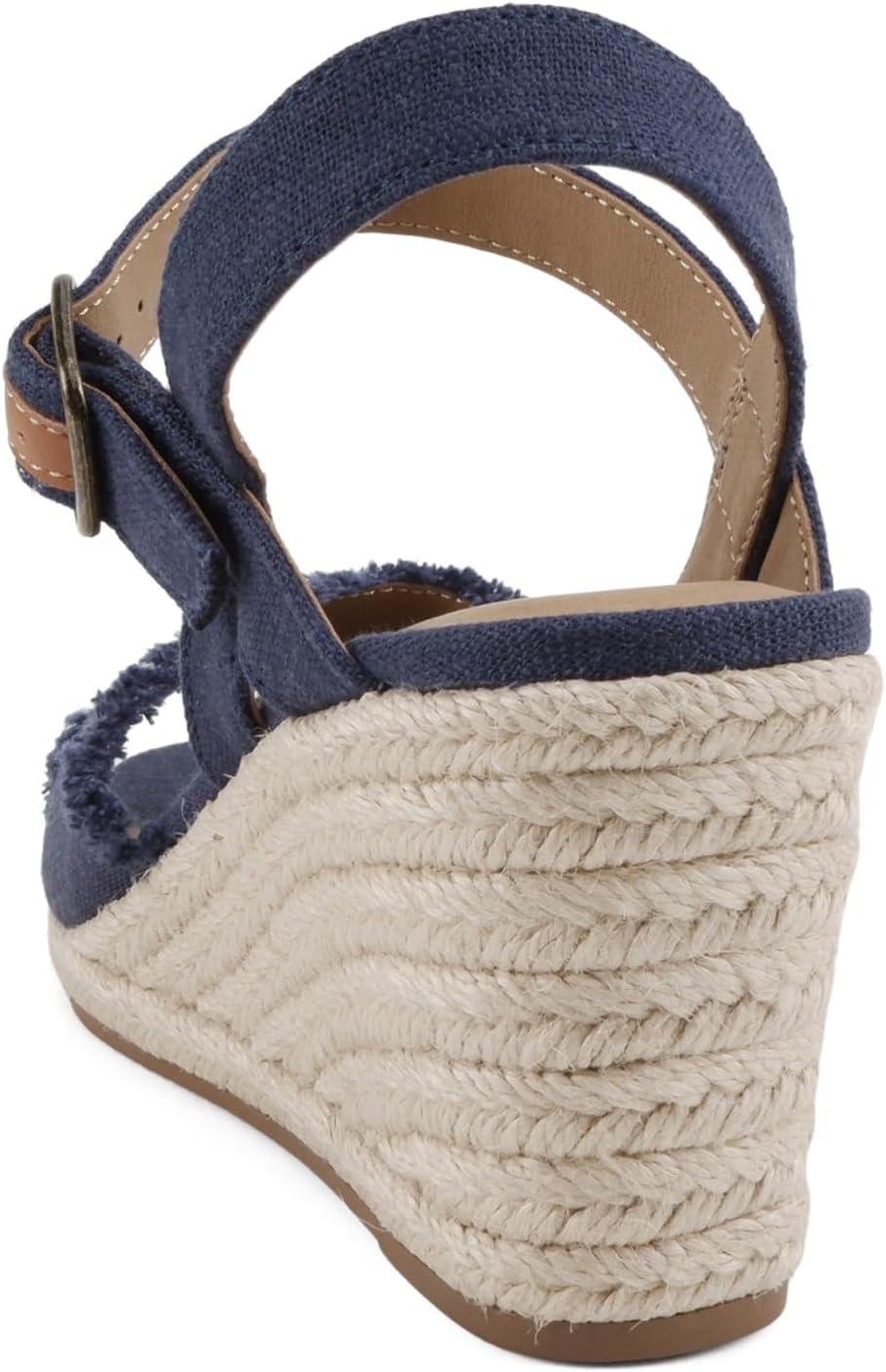 imageSoda Arnold  Women Square Toe Frayed Linen Espadrille Wedge SandalNavy Linen