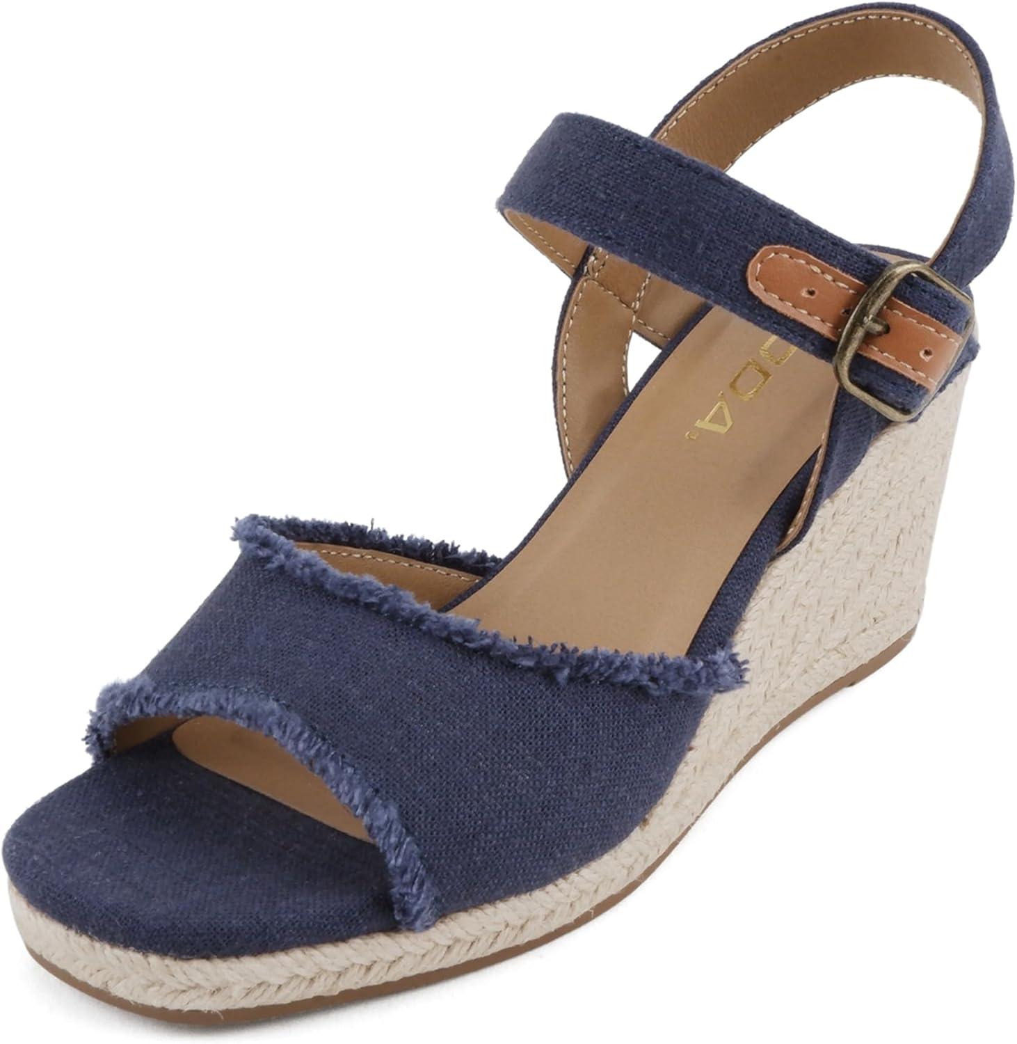 imageSoda Arnold  Women Square Toe Frayed Linen Espadrille Wedge SandalNavy Linen