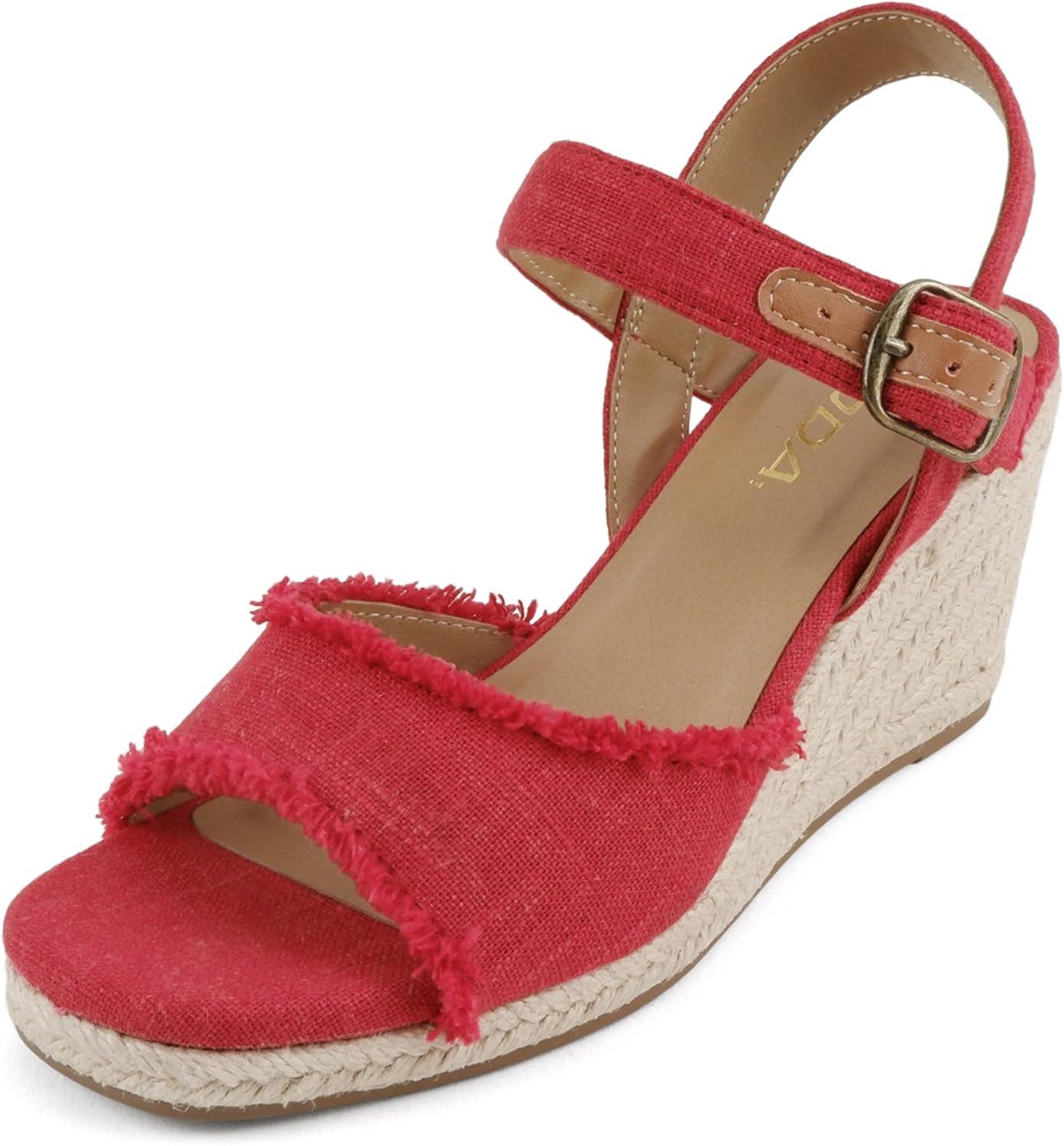 imageSoda Arnold  Women Square Toe Frayed Linen Espadrille Wedge SandalRed Linen