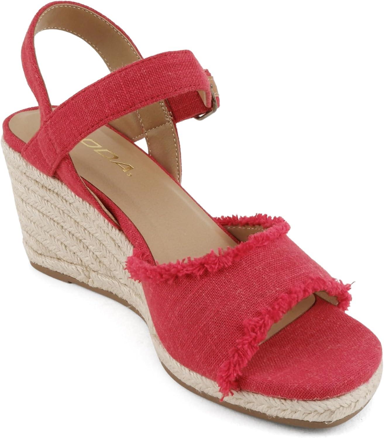 imageSoda Arnold  Women Square Toe Frayed Linen Espadrille Wedge SandalRed Linen