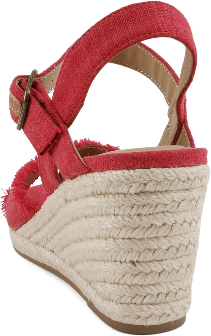 imageSoda Arnold  Women Square Toe Frayed Linen Espadrille Wedge SandalRed Linen