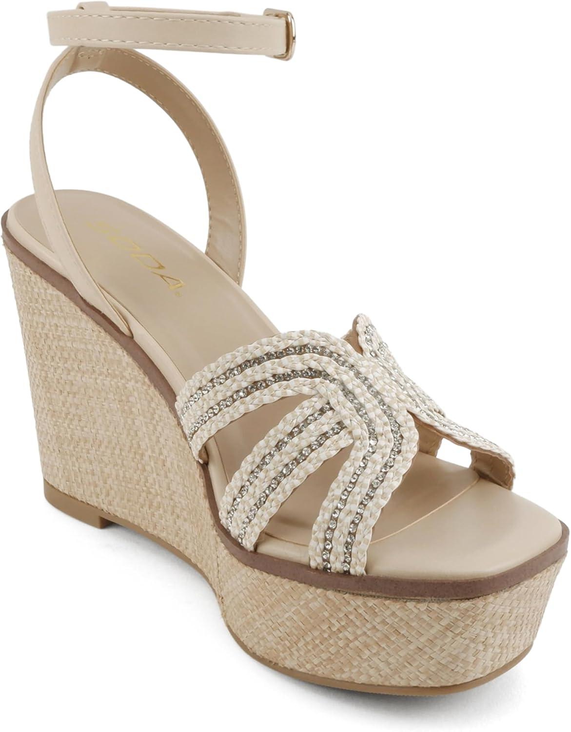 imageSoda Auto  Women Square Toe HBand High Wedge Heeled Raffia SandalsLight Beige Multi