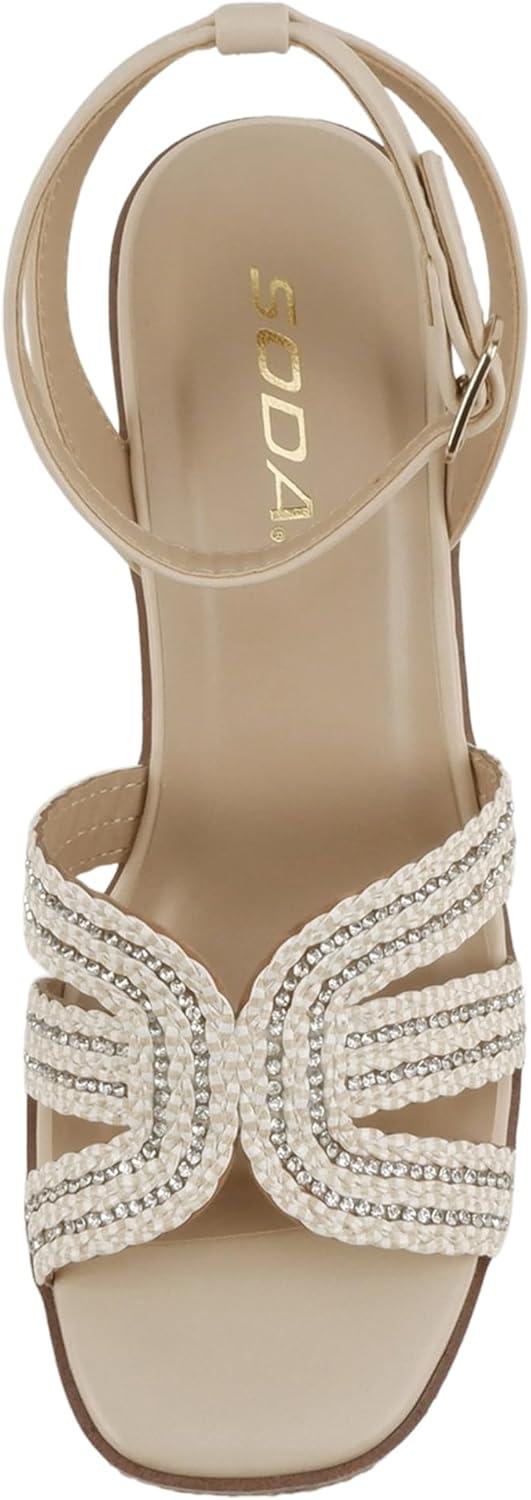 imageSoda Auto  Women Square Toe HBand High Wedge Heeled Raffia SandalsLight Beige Multi