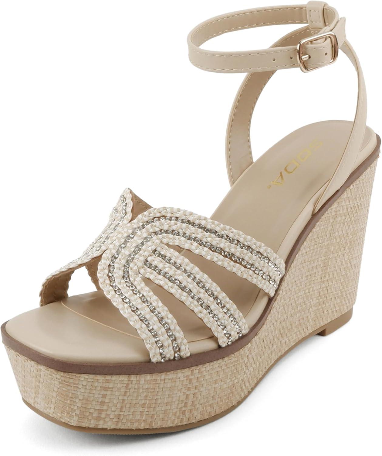 imageSoda Auto  Women Square Toe HBand High Wedge Heeled Raffia SandalsLight Beige Multi