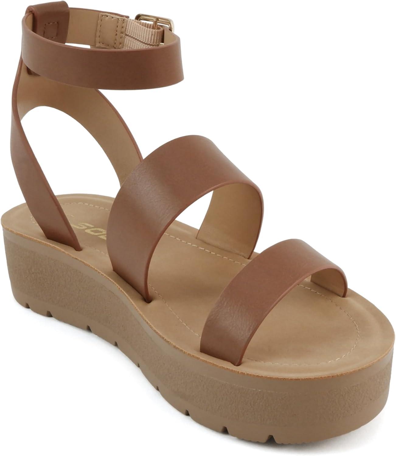 imageSoda Glory  Women Open Toe MultiStrap Flatform SandalsTcognac Pu