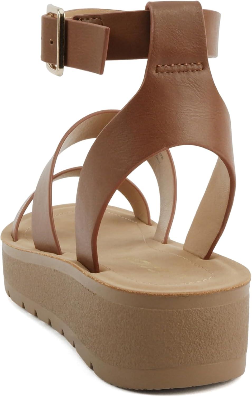 imageSoda Glory  Women Open Toe MultiStrap Flatform SandalsTcognac Pu