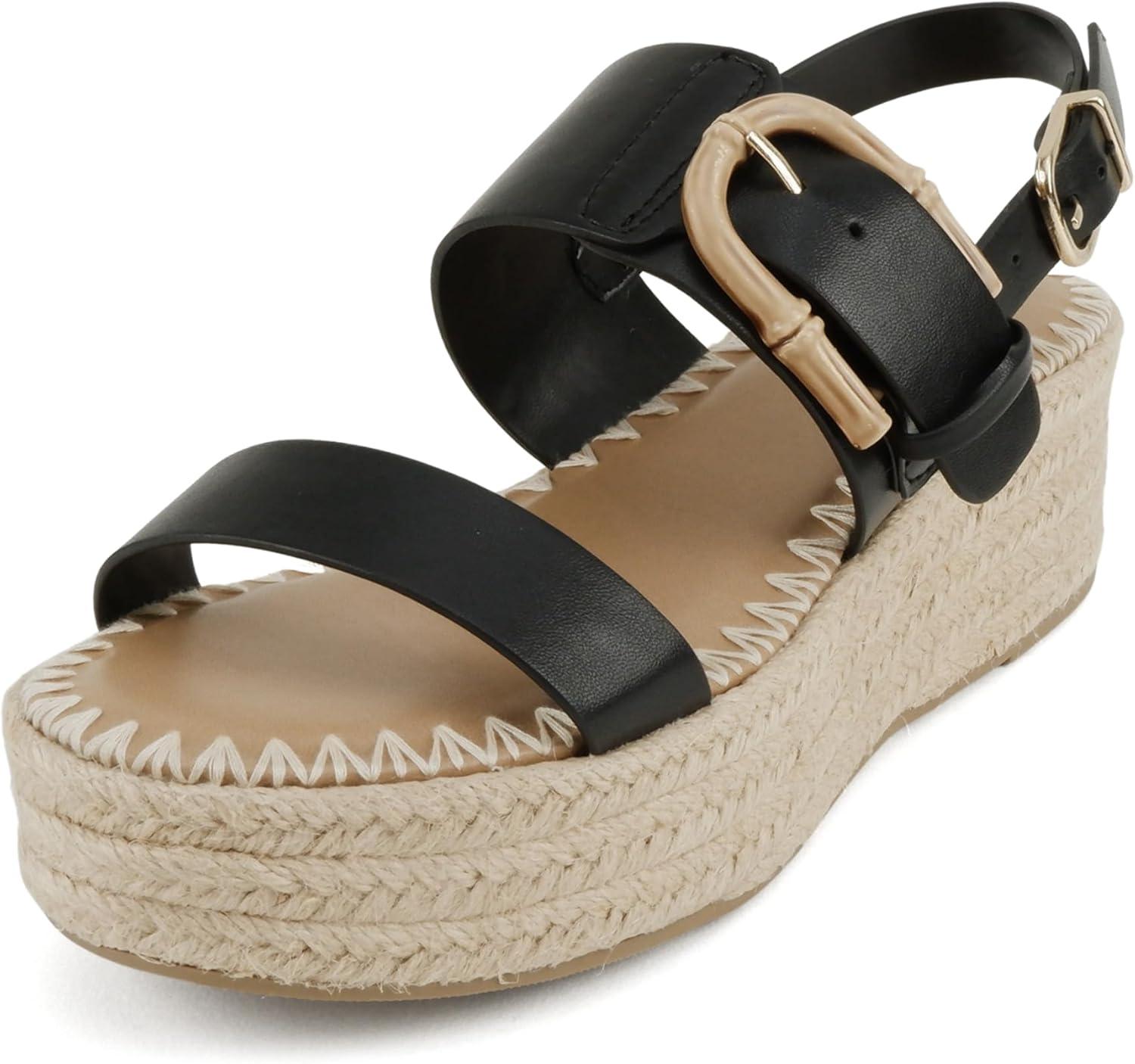 imageSoda Grand  Women Round Toe Low Heel Espadrille Wedge Sandals with Stitched EmbroideryBlack Pu