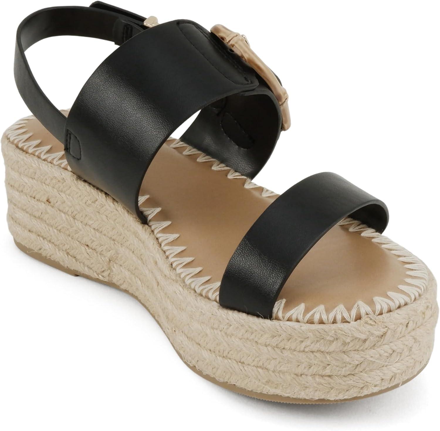 imageSoda Grand  Women Round Toe Low Heel Espadrille Wedge Sandals with Stitched EmbroideryBlack Pu
