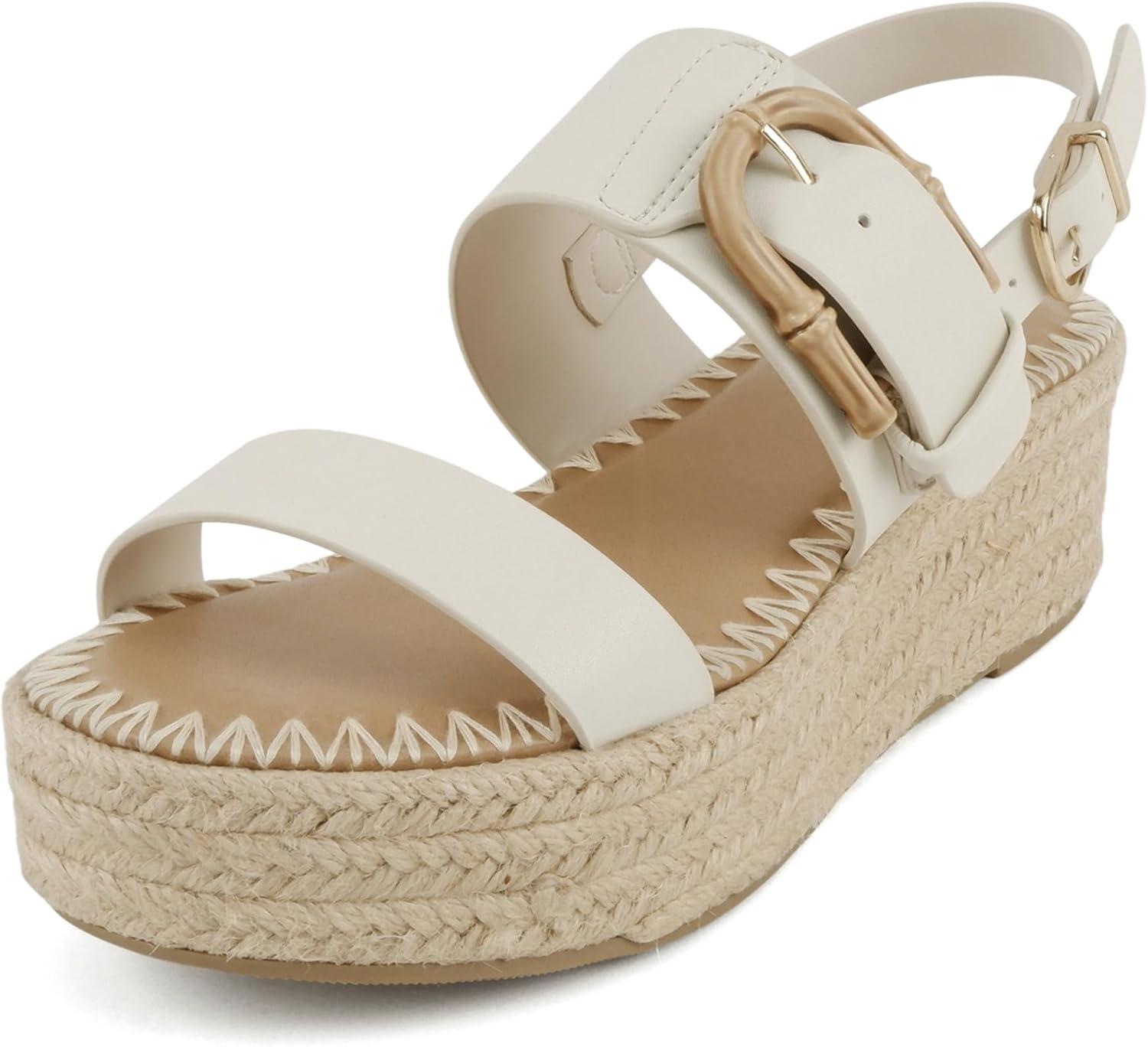 imageSoda Grand  Women Round Toe Low Heel Espadrille Wedge Sandals with Stitched EmbroideryBone Pu