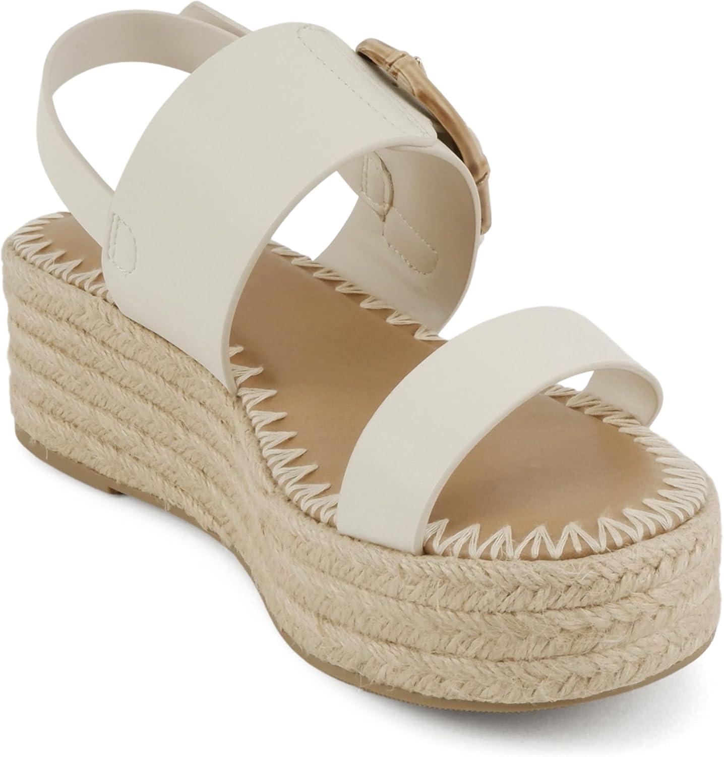 imageSoda Grand  Women Round Toe Low Heel Espadrille Wedge Sandals with Stitched EmbroideryBone Pu