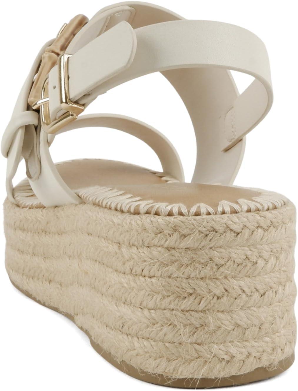 imageSoda Grand  Women Round Toe Low Heel Espadrille Wedge Sandals with Stitched EmbroideryBone Pu