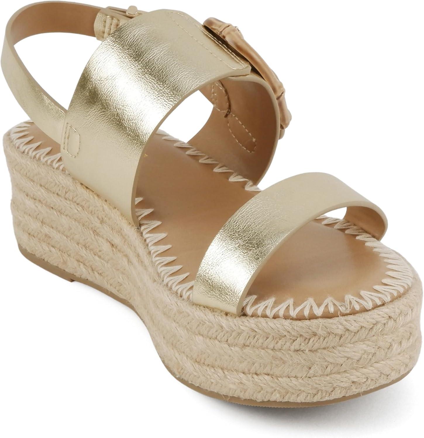 imageSoda Grand  Women Round Toe Low Heel Espadrille Wedge Sandals with Stitched EmbroideryGold Pu