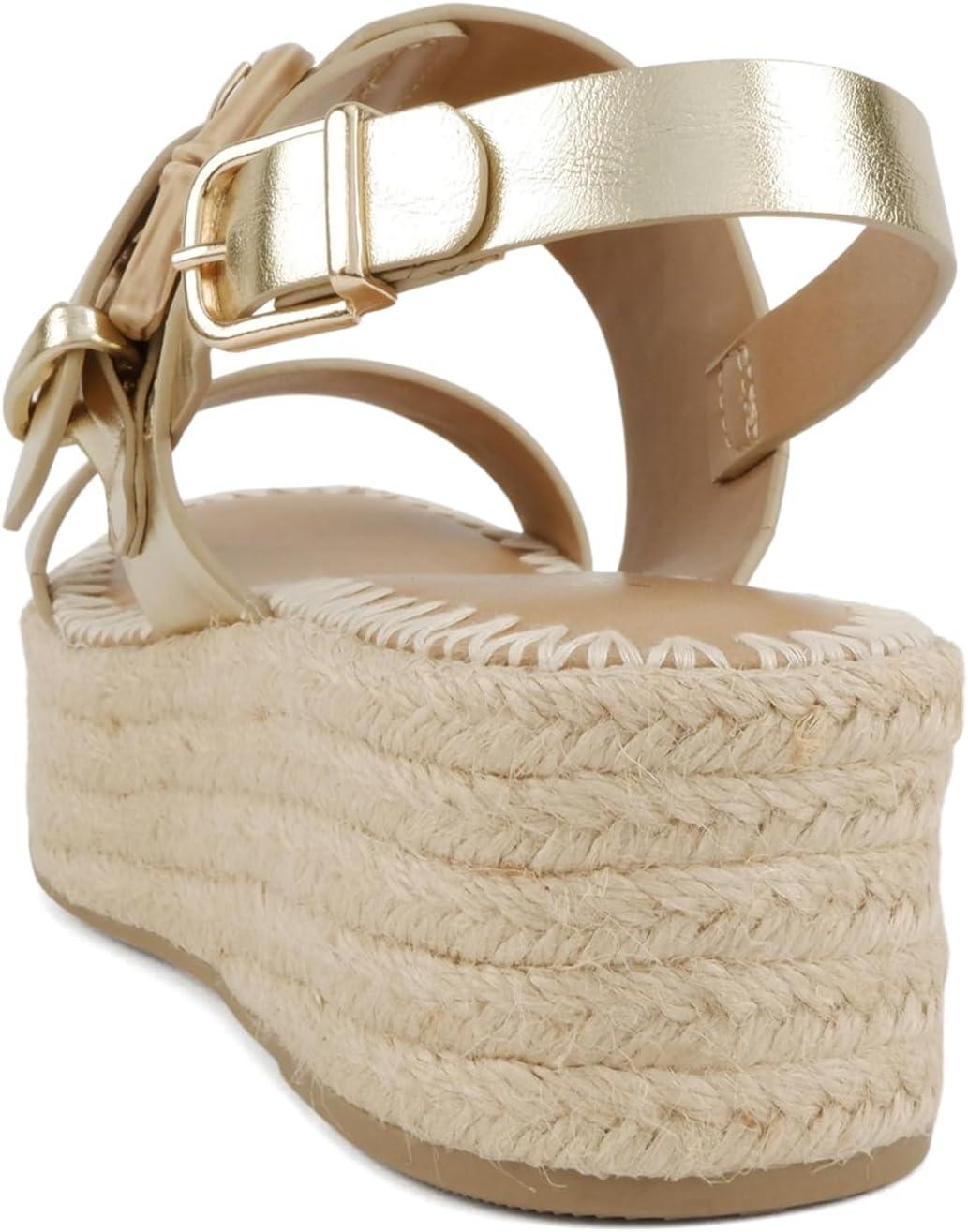 imageSoda Grand  Women Round Toe Low Heel Espadrille Wedge Sandals with Stitched EmbroideryGold Pu