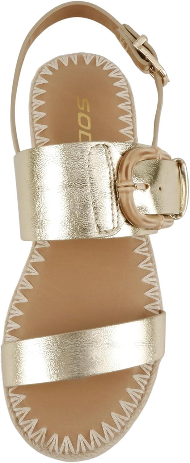 imageSoda Grand  Women Round Toe Low Heel Espadrille Wedge Sandals with Stitched EmbroideryGold Pu