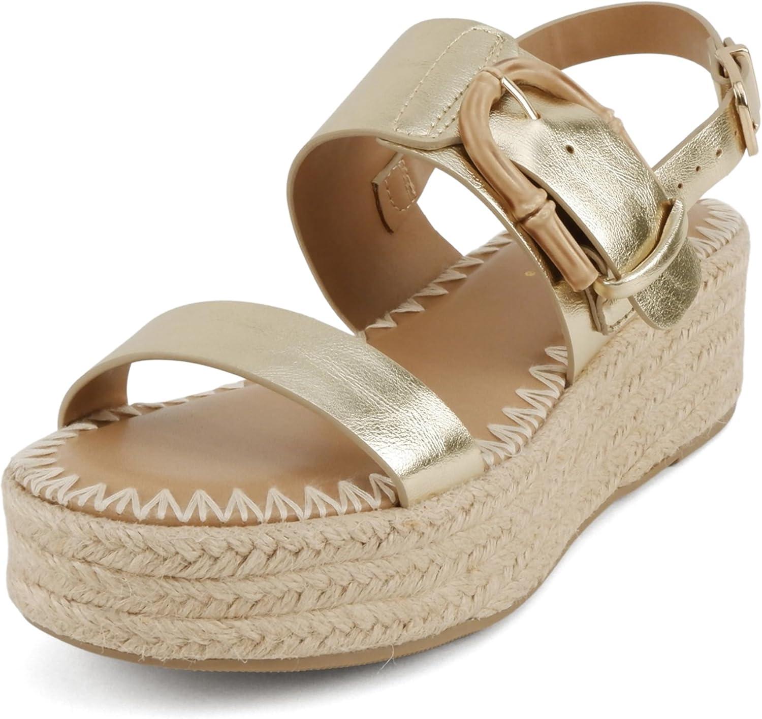 imageSoda Grand  Women Round Toe Low Heel Espadrille Wedge Sandals with Stitched EmbroideryGold Pu