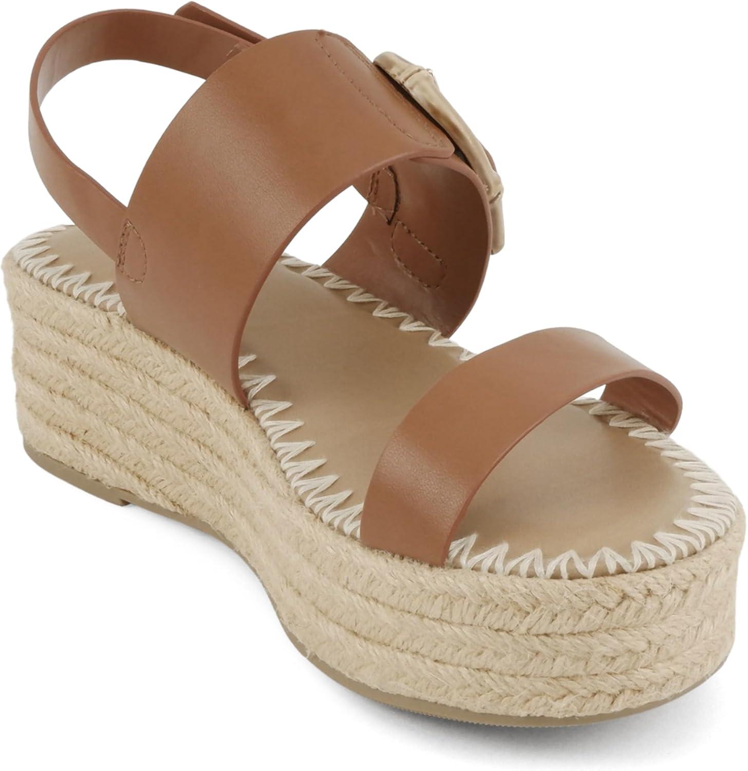 imageSoda Grand  Women Round Toe Low Heel Espadrille Wedge Sandals with Stitched EmbroideryTan Pu