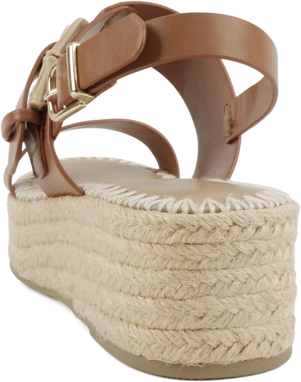 imageSoda Grand  Women Round Toe Low Heel Espadrille Wedge Sandals with Stitched EmbroideryTan Pu