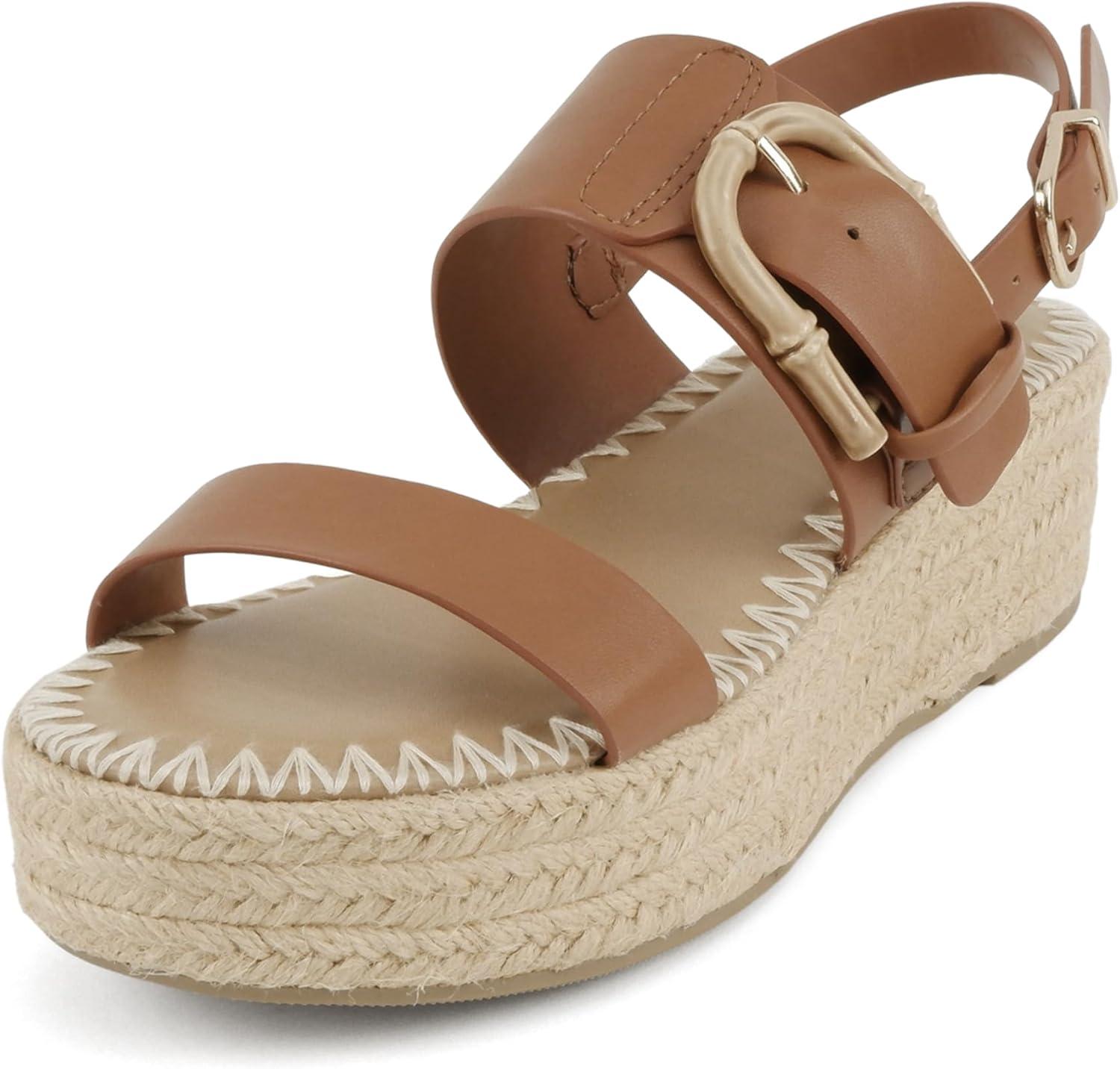 imageSoda Grand  Women Round Toe Low Heel Espadrille Wedge Sandals with Stitched EmbroideryTan Pu