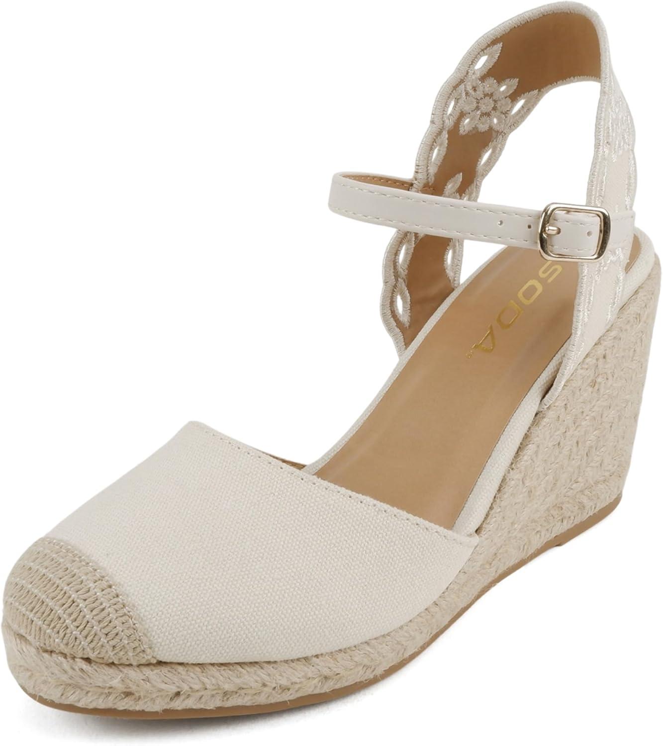 imageSoda Lumina  Women Cap Toe Geometric Cut Ankle Strap Espadrille Wedge SandalBeige