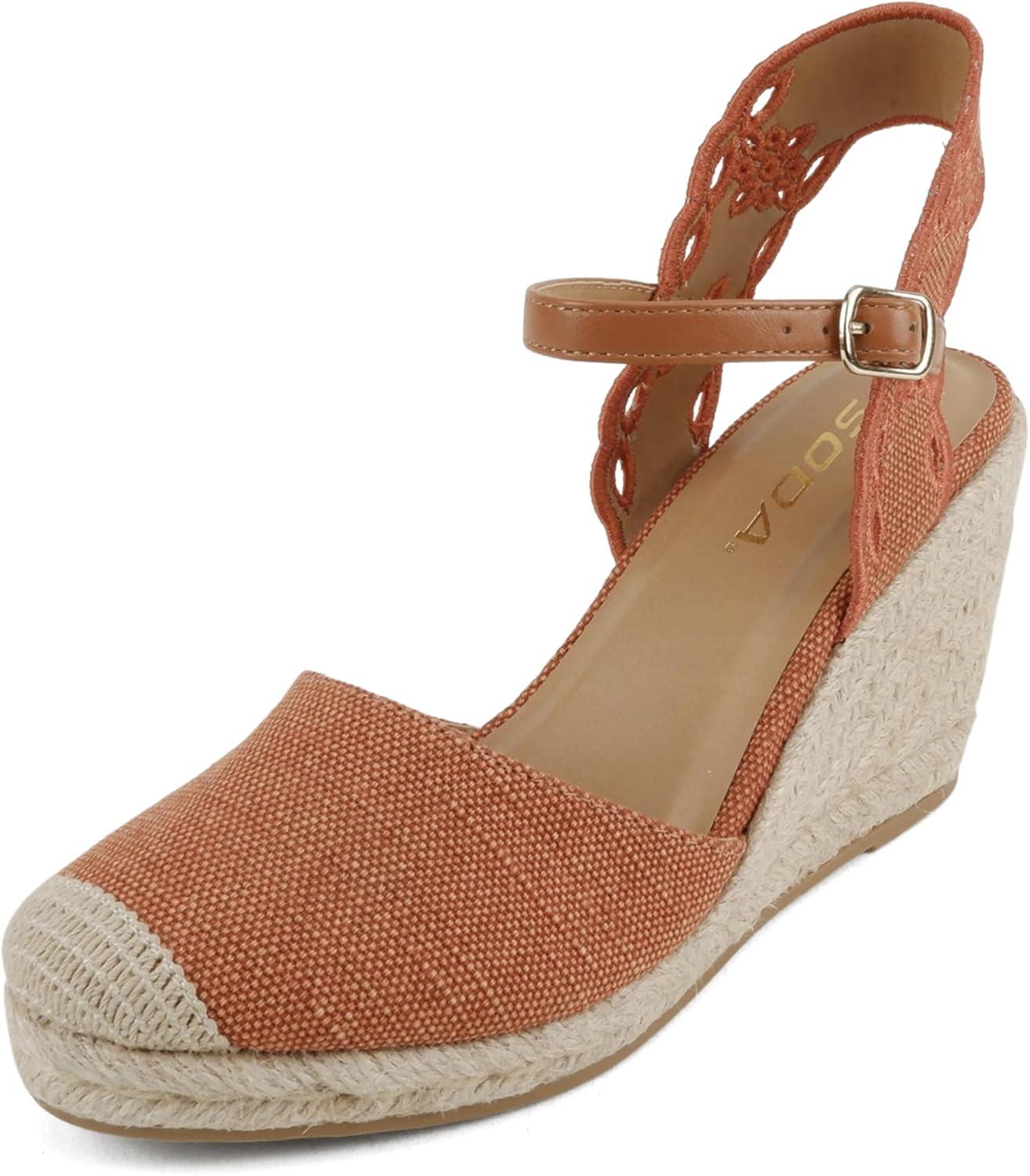 imageSoda Lumina  Women Cap Toe Geometric Cut Ankle Strap Espadrille Wedge SandalOrange