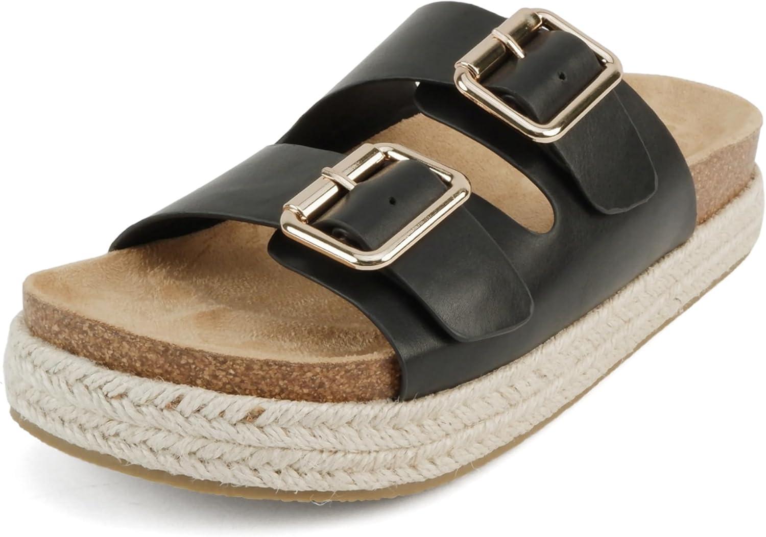imageSoda Marfa  Women Open Toe Espadrille Flatform Sandals with Double Buckle StrapBlack Pu