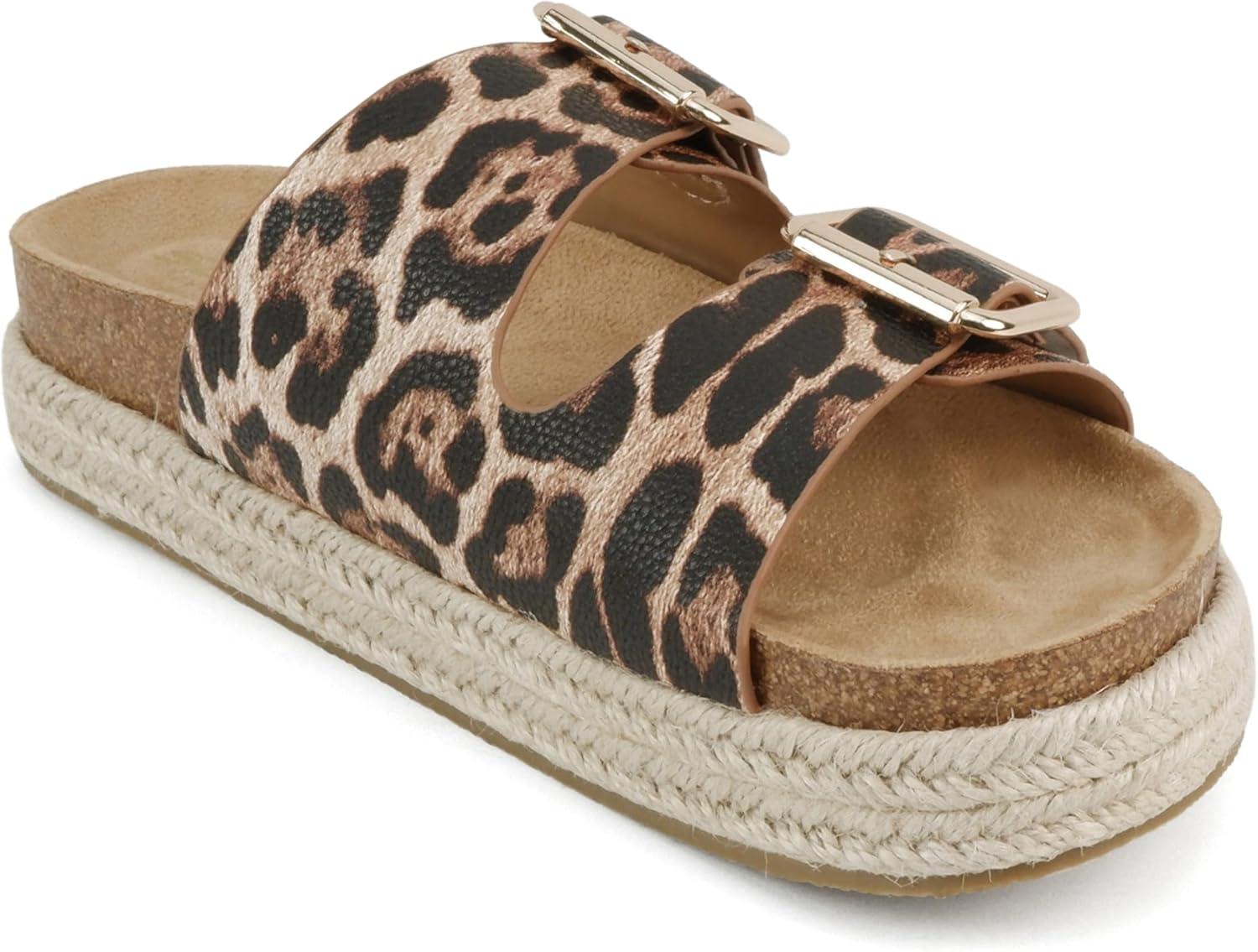 imageSoda Marfa  Women Open Toe Espadrille Flatform Sandals with Double Buckle StrapLeopard Pu