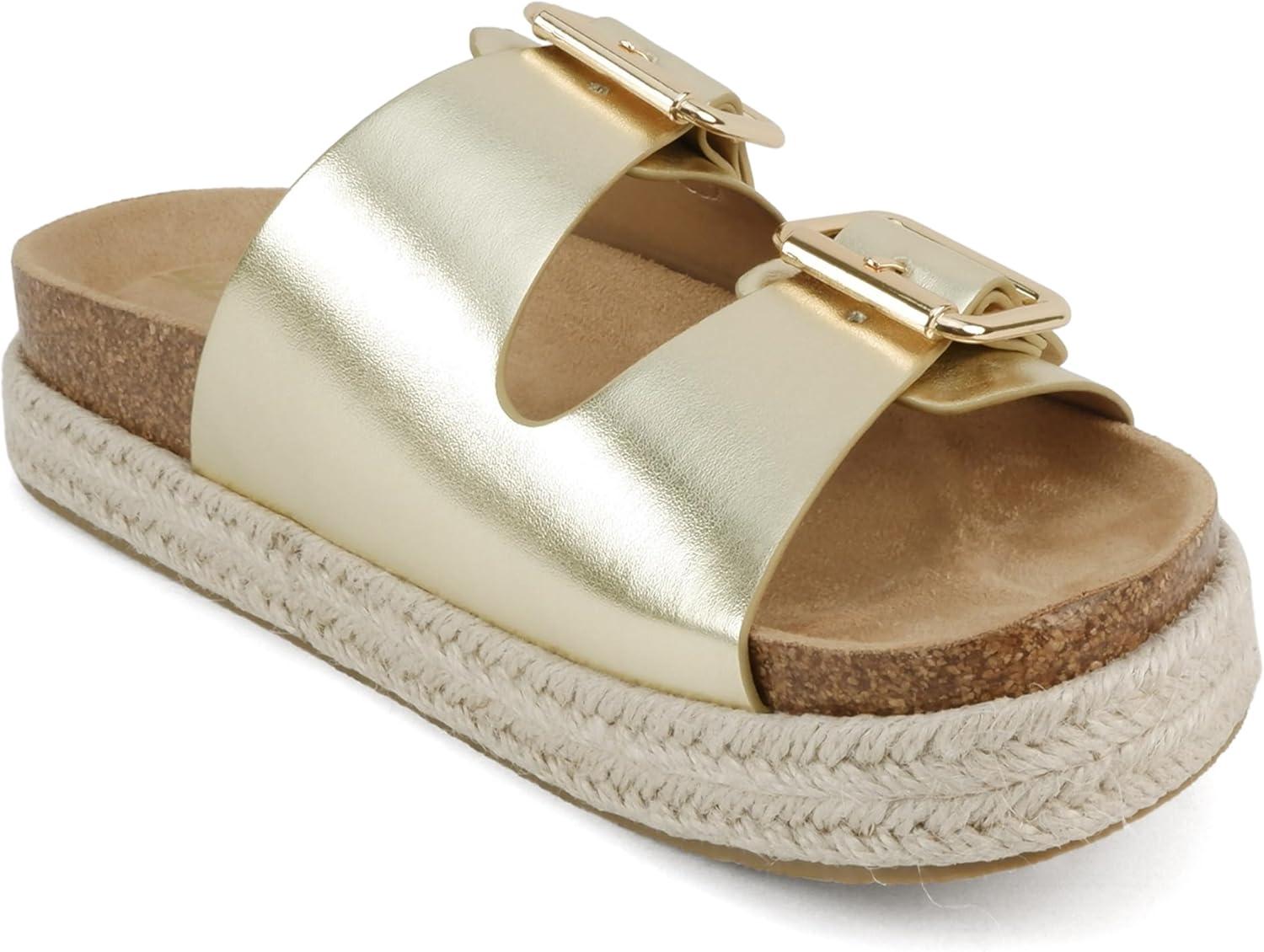 imageSoda Marfa  Women Open Toe Espadrille Flatform Sandals with Double Buckle StrapLight Gold Metallic